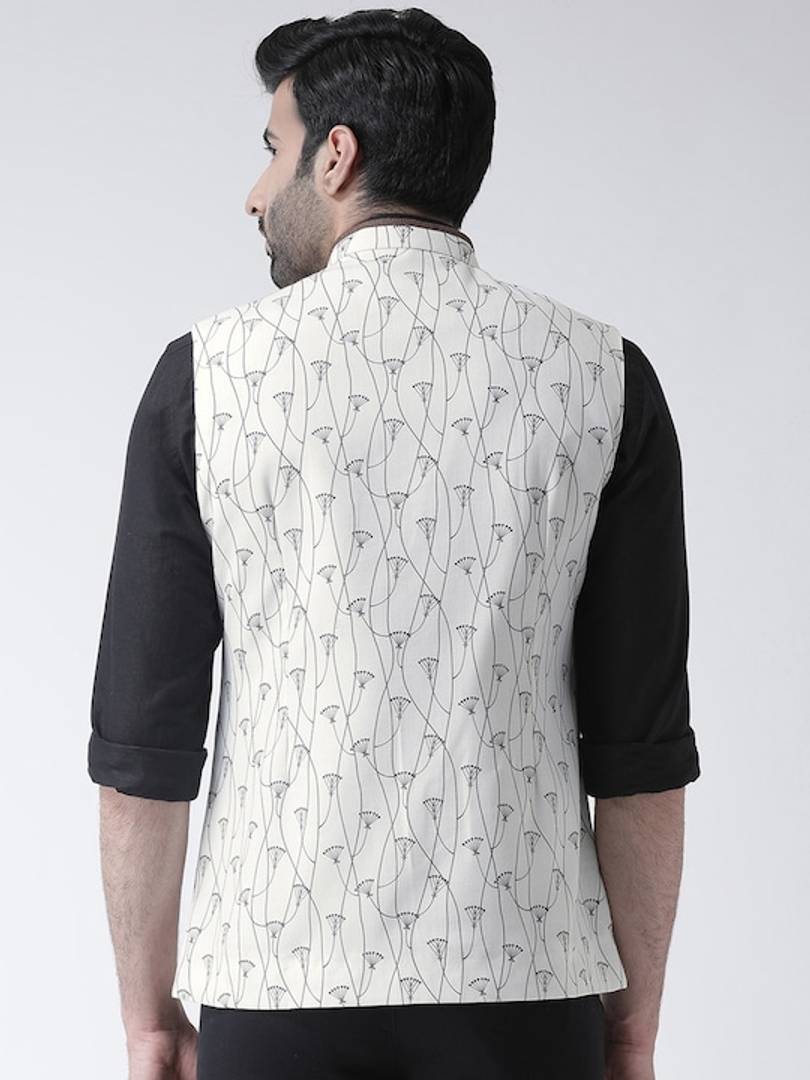 Men's Off White 
Cotton Blend
 Printed Nehru Jackets